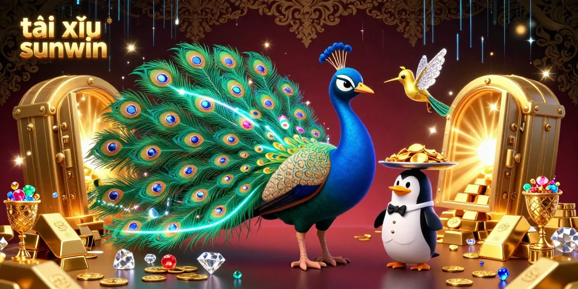 Engage in the vibrant world of tài xỉu sunwin with this captivating illustration featuring a peacock, a penguin butler, and treasures galore.