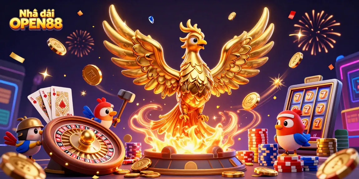 Experience thrilling gameplay at Nhà cái OPEN88 with vibrant 3D casino elements and animated gold coins.