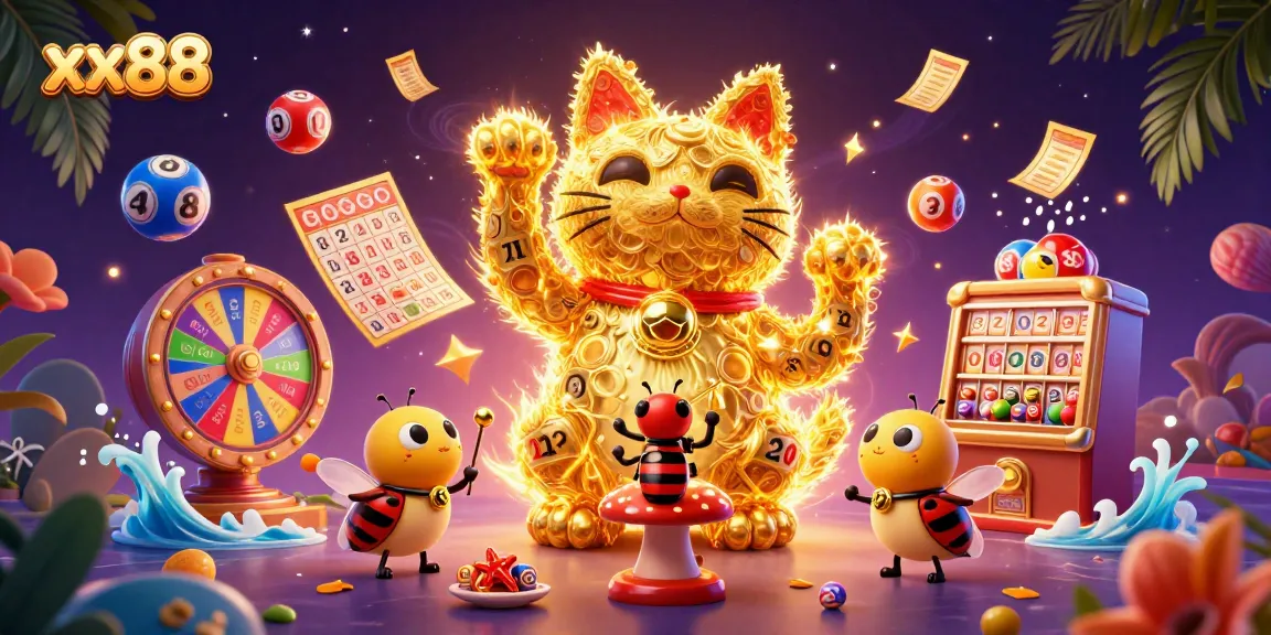Engage with xx88's vibrant gaming atmosphere, featuring a dynamic lucky cat surrounded by playful lottery elements.