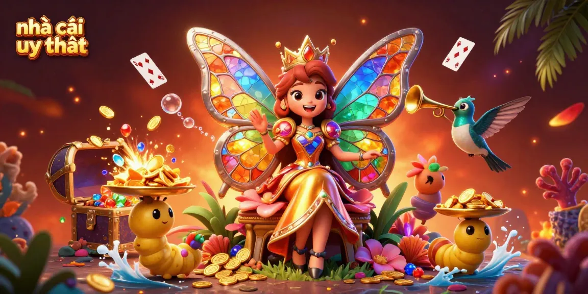 Engage with the lively world of nhà cái uy tín featuring a vibrant butterfly queen in a dynamic casino scene.