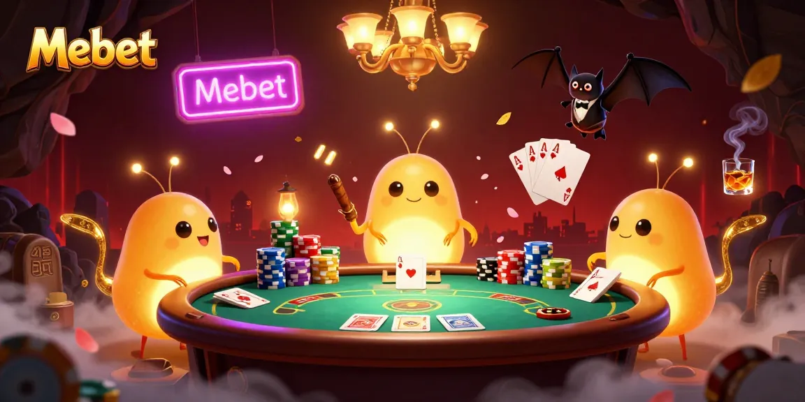 Mebet lightens the poker scene with unique glowworms and a bat dealer in a vibrant casino illustration.