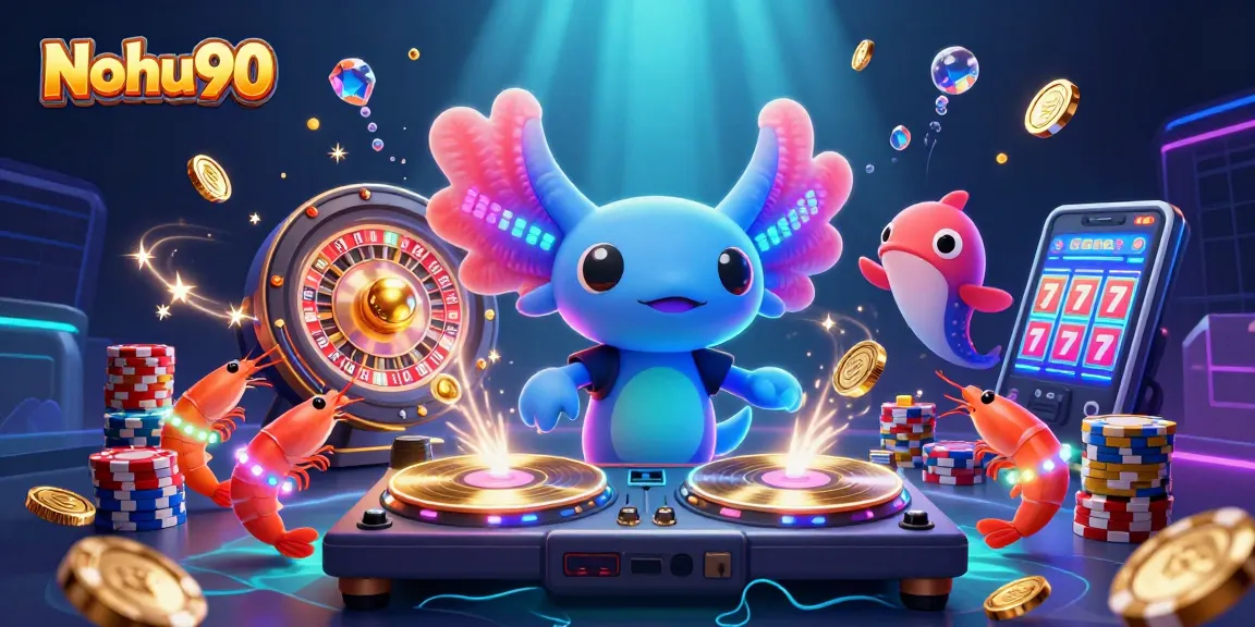 Nohu90 showcases an energetic underwater party scene with a DJ axolotl and colorful gambling elements.