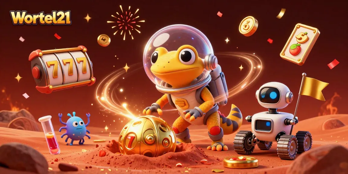 Wortel21 showcases a lively casino scene with colorful slot reels and a Martian character celebrating victories.