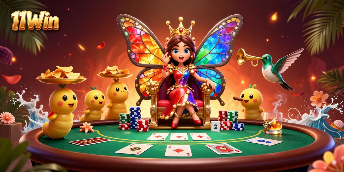 Win big with 11Win at the vibrant casino scene featuring a butterfly queen and poker elements.