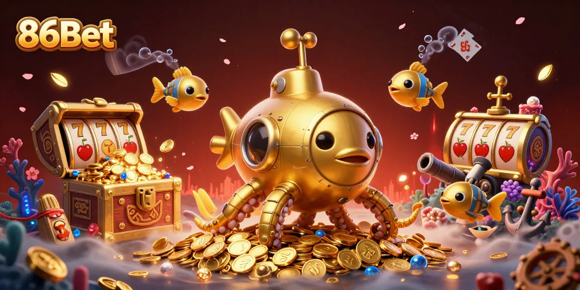 Engage with 86Bet's thrilling slots action amidst a fantasy scene of golden coins and sea creatures.