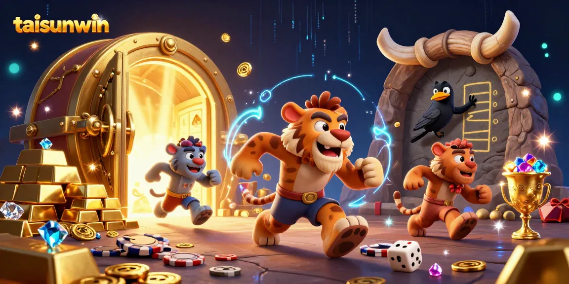 Engage in gaming with taisunwin as prehistoric casino characters celebrate wins filled with gold and gems.