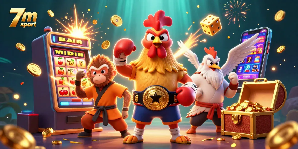 Experience thrilling 7m sport betting with dynamic characters and vivid casino elements in a vibrant scene.