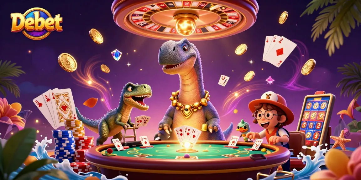 Debet promotes thrilling casino action with a brontosaurus dealer and vibrant gambling elements.