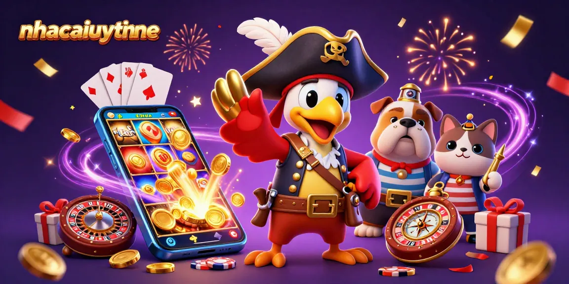 Win big with nhacaiuytinne pirate-themed casino adventure featuring colorful slot games and festive confetti.