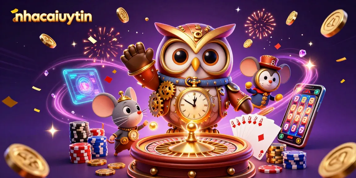Engage with the lively scene at nhacaiuytin featuring a cartoon owl in a steampunk casino atmosphere with vibrant colors.