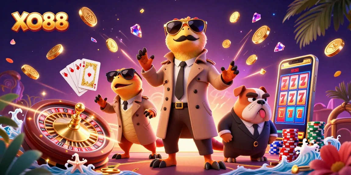 XO88's raptors sneak into a VIP lounge as golden coins and roulette elements surround them.