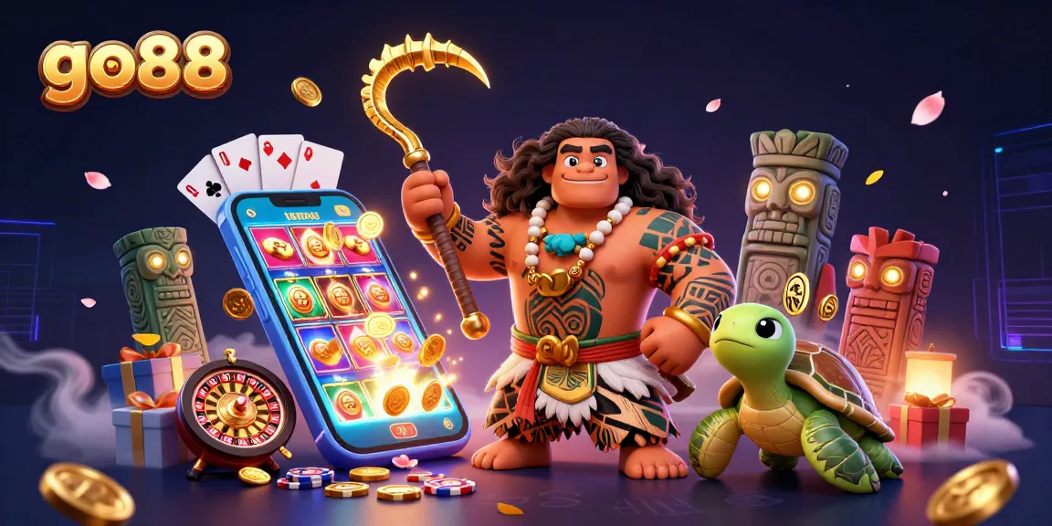 Experience thrilling gameplay with go88 as a Maui-style demigod and turtle amidst vibrant casino elements.