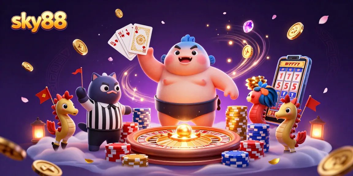 Engage with sky88's vibrant underwater casino scene featuring a joyful fugu as a sumo wrestler amidst colorful gaming elements.