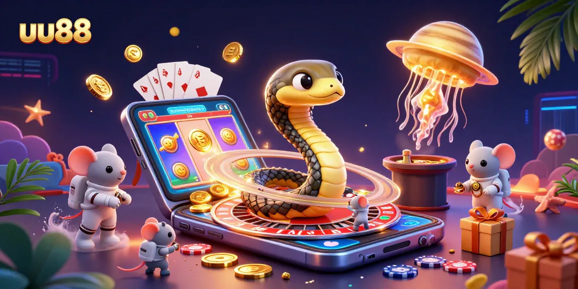 Play thrilling casino games at uu88 with dynamic visuals, including a roulette wheel, slot games, and charming characters.