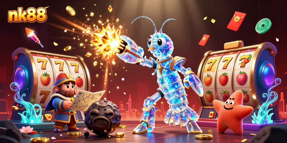 Experience thrilling slots action with nk88, featuring a vibrant galactic mantis shrimp and cosmic treasures.