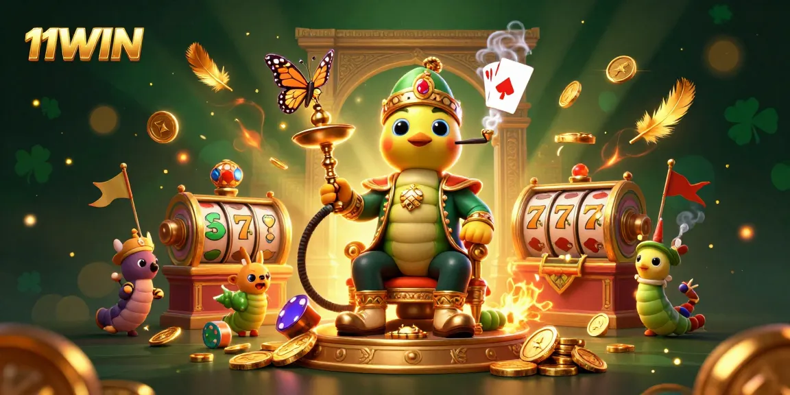 Win big with 11WIN at the dynamic casino scene featuring vibrant characters and slot game elements.