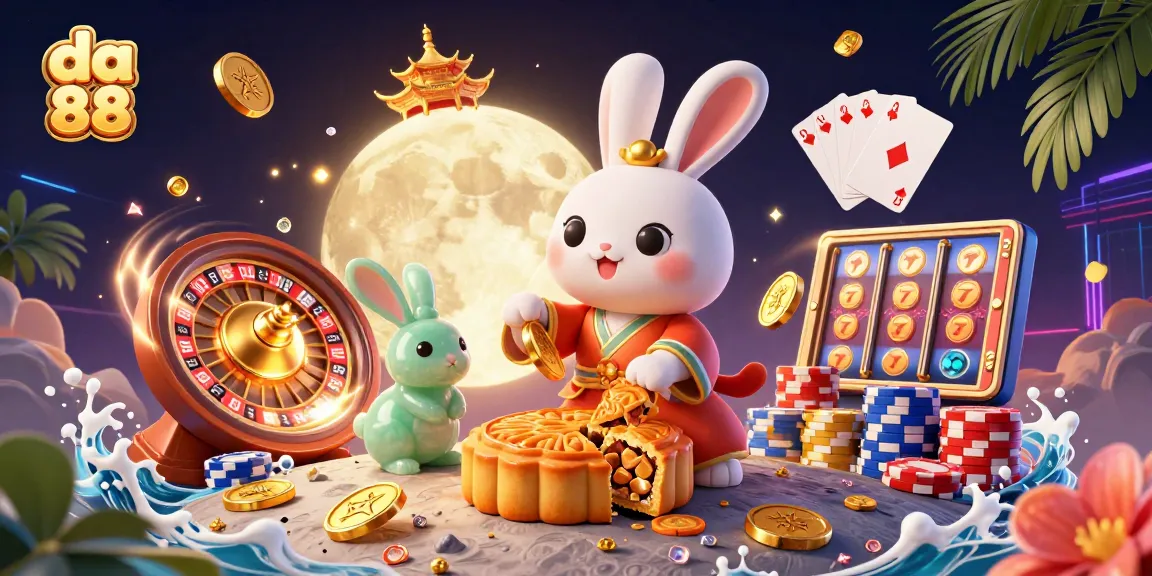 Experience the thrill of wins at da 88 casino with vibrant poker chips and golden mooncakes in a dynamic 3D scene.