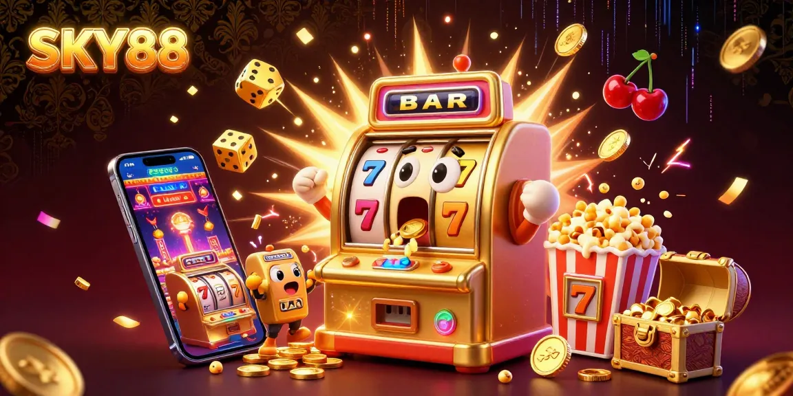 Celebrate winning at SKY88 with a vibrant 3D scene showcasing excitement in casino gaming.