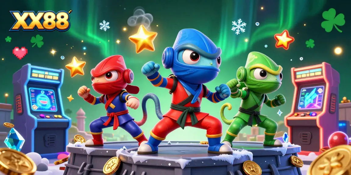 Experience excitement at XX88 with colorful characters and dynamic casino elements in a vibrant scene.