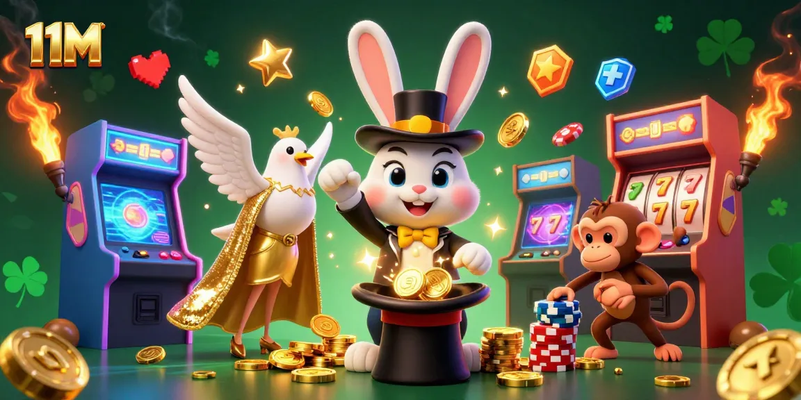 Engage with the thrilling 11M casino scene featuring a magician rabbit, dove, and monkey amidst bright gaming elements.