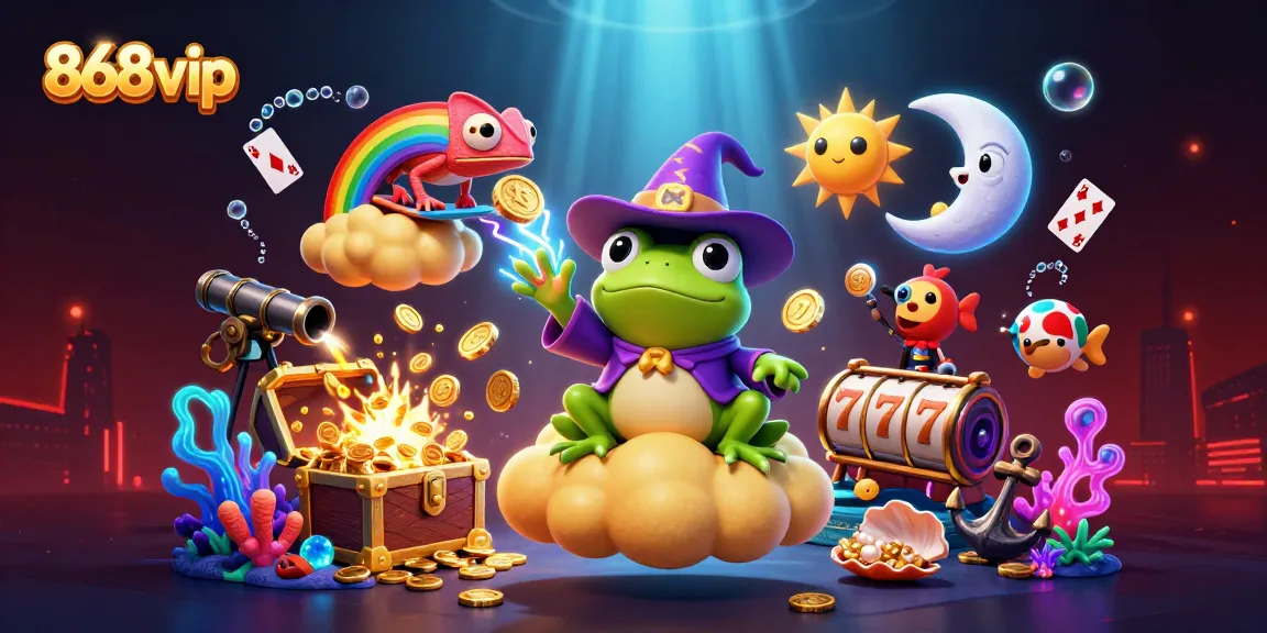 Activate your luck with 868vip in an energetic casino scene of a wizard frog and a chameleon.