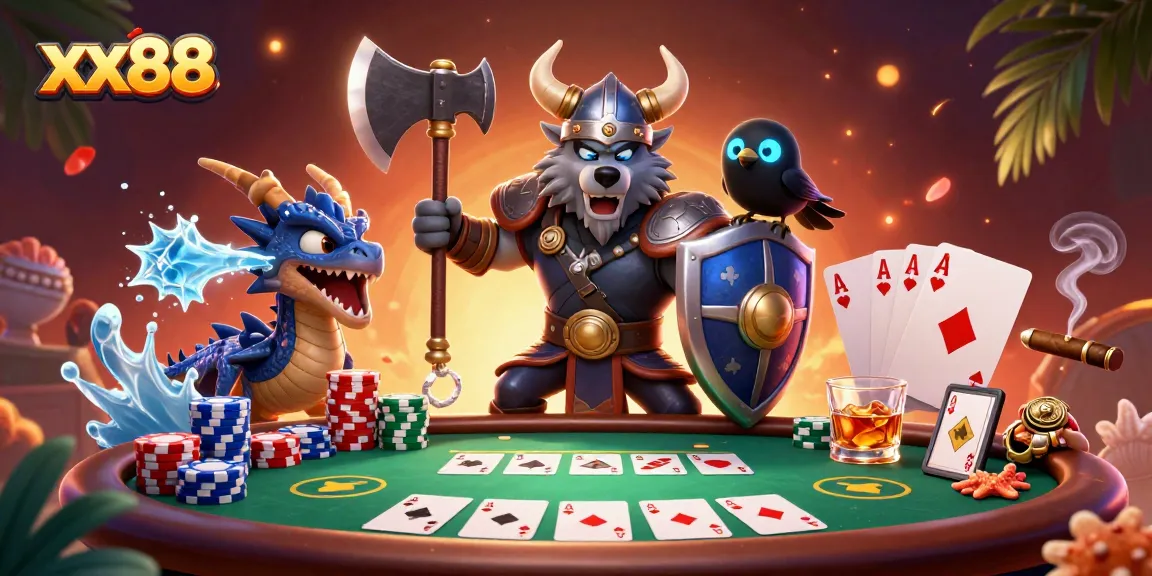 Battle it out at xx88 with a Viking warrior, dragon, and poker game in a rich, vibrant scene.
