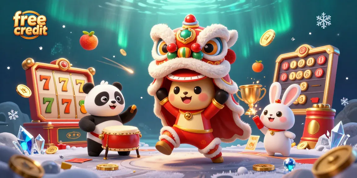 Experience free credit offers with vibrant Chinese festival characters in a lively casino scene.
