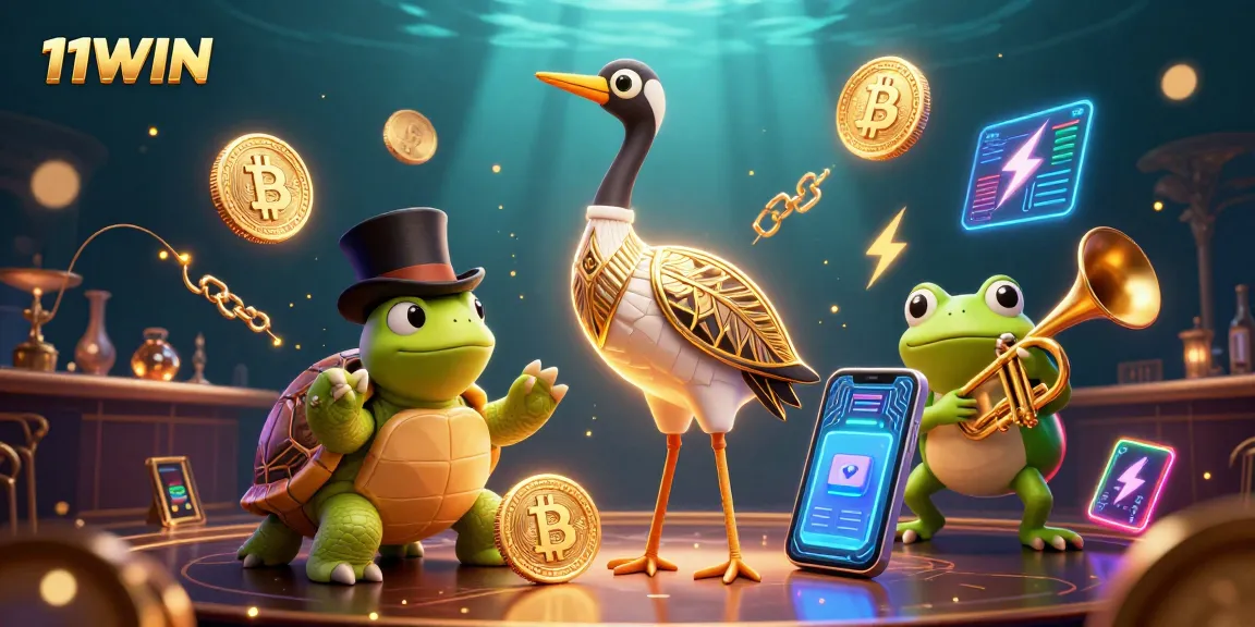 Play thrilling casino games at 11WIN, featuring dynamic scenes with classic characters and crypto elements.