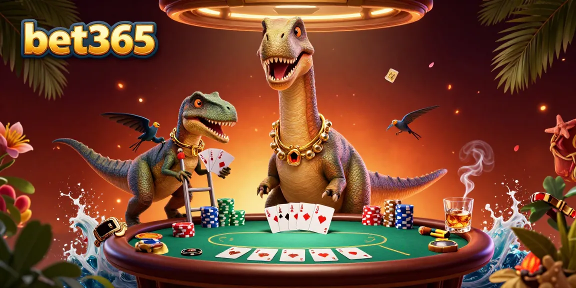 Experience thrilling poker action with bet365 at a vibrant casino setup with cartoon characters