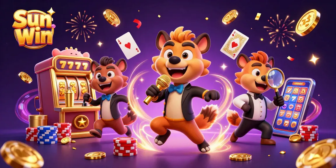 Engage with Sun Win, featuring lively hyenas at a vibrant casino scene with classic games and lots of winning opportunities.