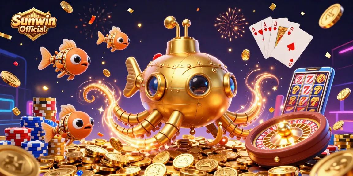 Spin and win with Sunwin Official's vibrant casino scene featuring a golden kraken submarine and treasure.
