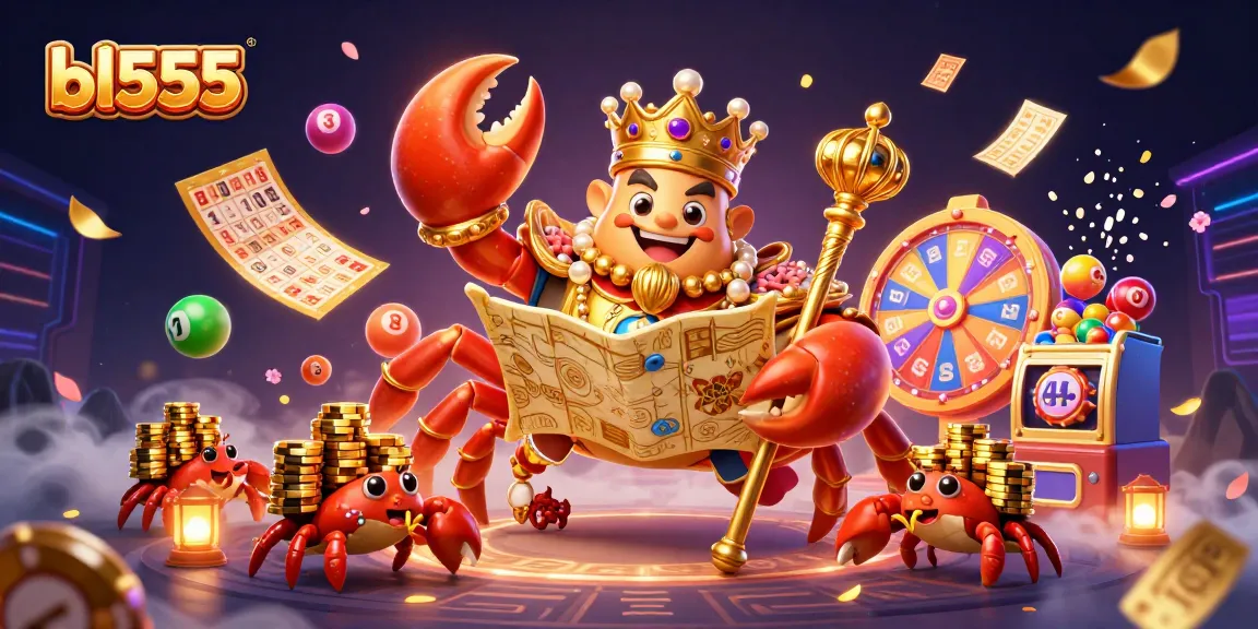 Join the gold-clawed crab emperor at bl555, surrounded by exciting lottery and gaming elements.