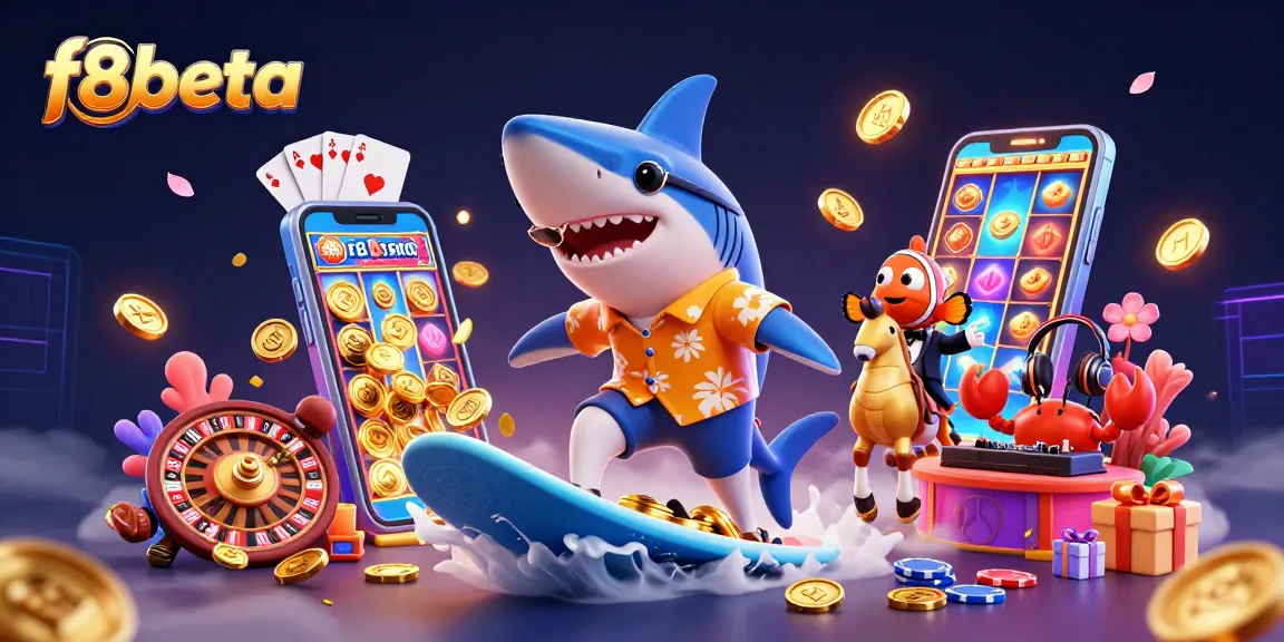 Experience the fun of f8beta with vibrant casino adventures featuring a shark and colorful game elements.