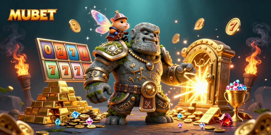 Experience MUBET's thrilling slots scene with a magical golem, fairy, and hamster knight surrounded by golden treasures.