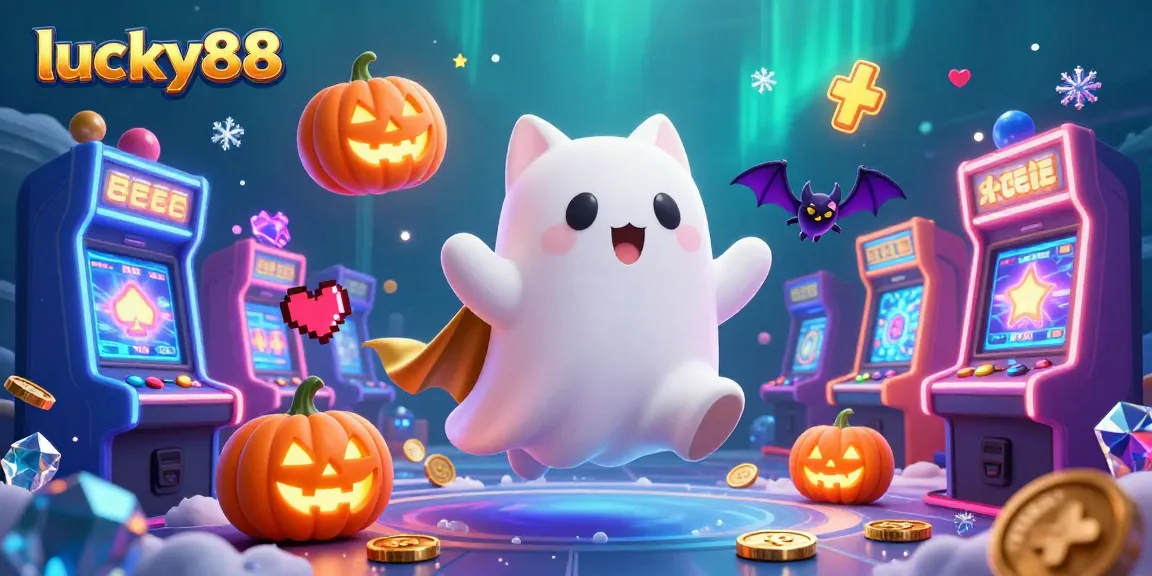 Experience thrilling fun at lucky88 with a playful ghost cat and a vampire bat among glowing casino machines.