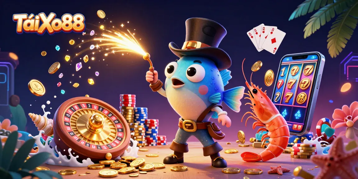 TảiXo88 features vibrant 3D illustration of an anglerfish attracting coins with a shrimp and sea snail amid casino elements.