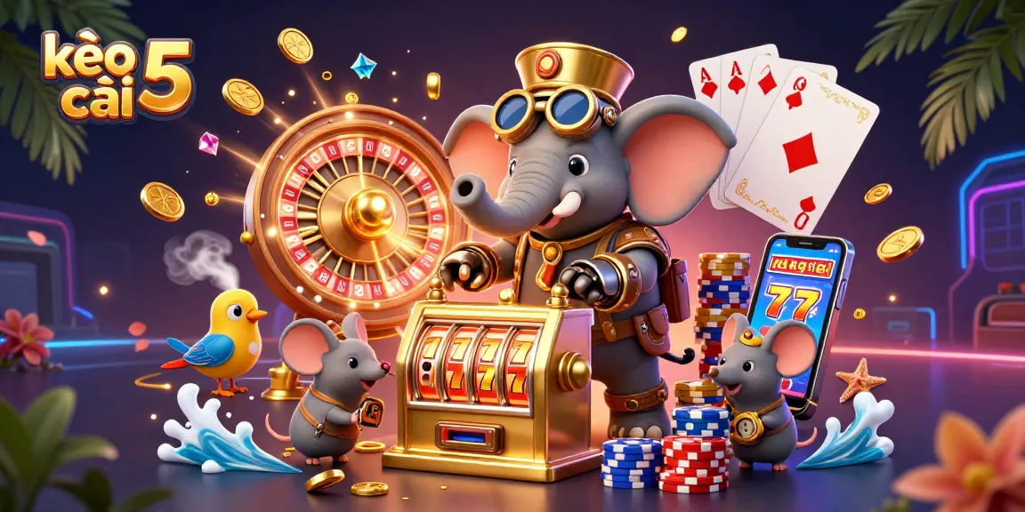 Spin big wins with kèo nhà cái 5 using a vibrant steampunk casino illustration featuring golden coins and dynamic game elements.