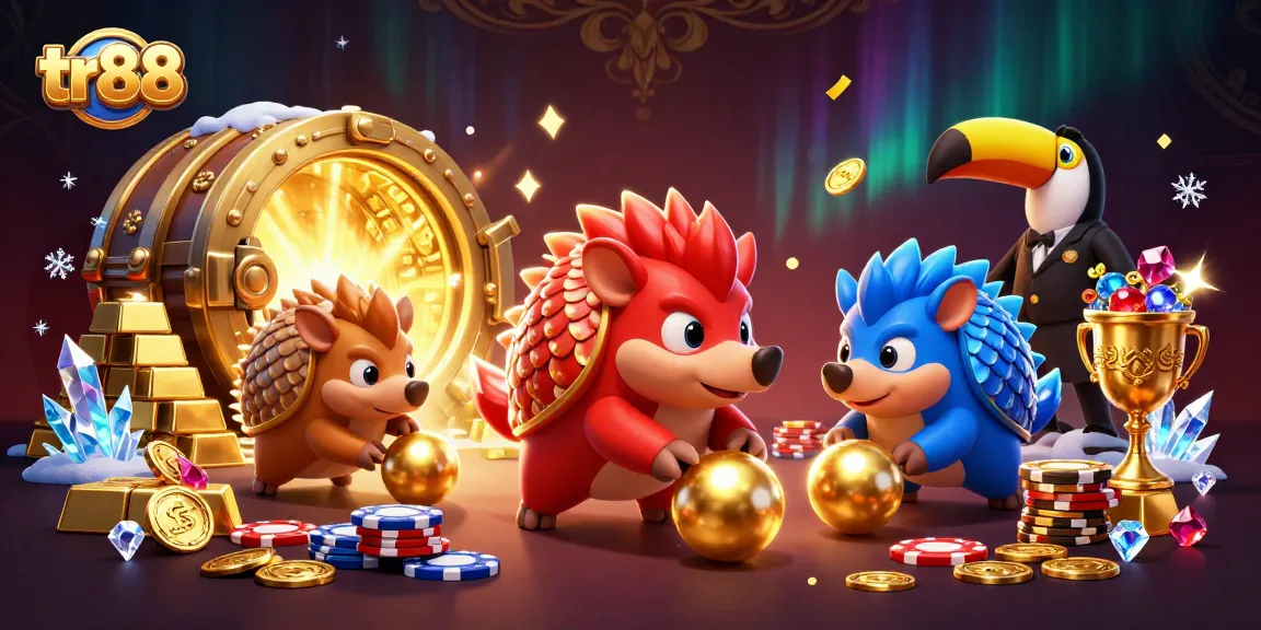 tr88 pangolins bowling through poker chips in a dazzling 3D casino scene.
