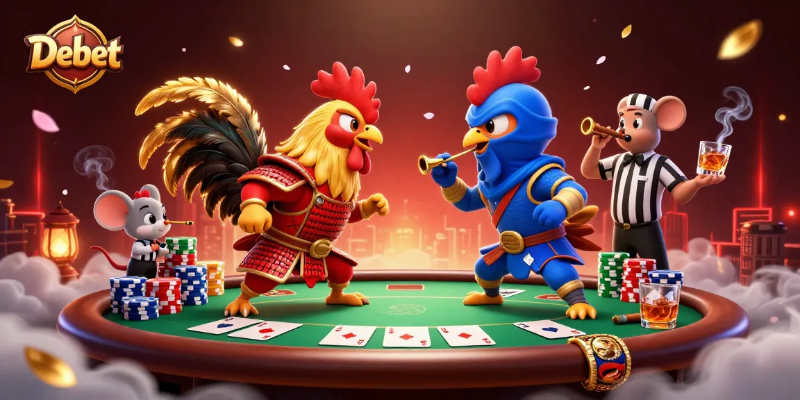 Debet showcases thrilling action with cartoon roosters facing off in a dynamic casino scene.