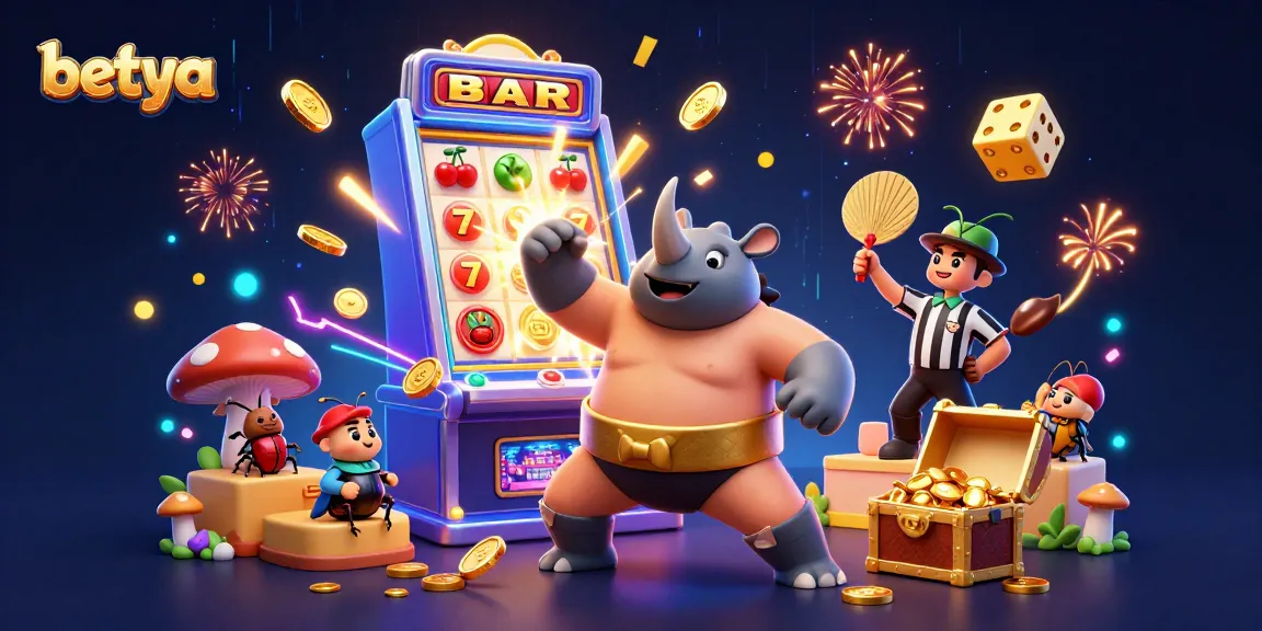 Experience the excitement of Betya's casino games with a thrilling 3D illustration featuring fun characters and vibrant graphics.