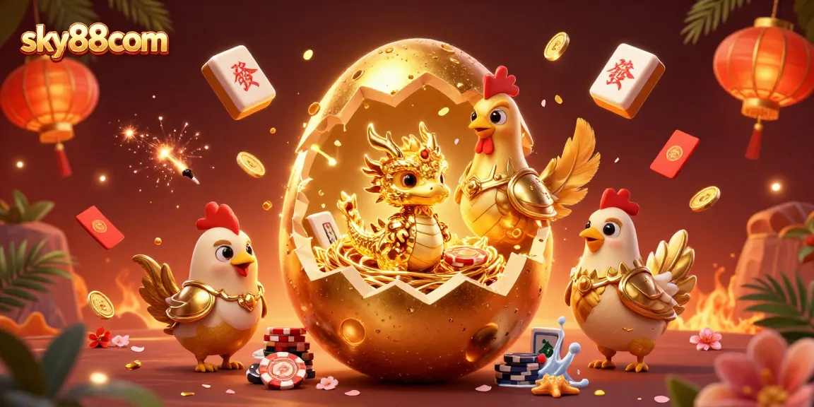 Experience the excitement at sky88com with a golden dragon and poker chips illustration.