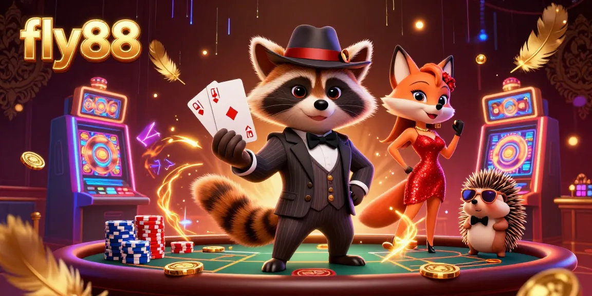 Experience the thrill of gaming at fly88 with a dynamic illustration of charming casino characters engaging in lively gameplay.