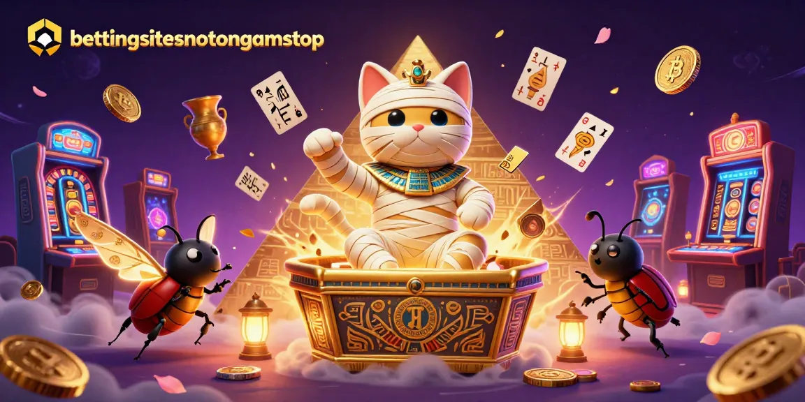 BettingSitesNotOnGamStop showcases a thrilling crypto casino scene with a mummy cat and glowing scarab.