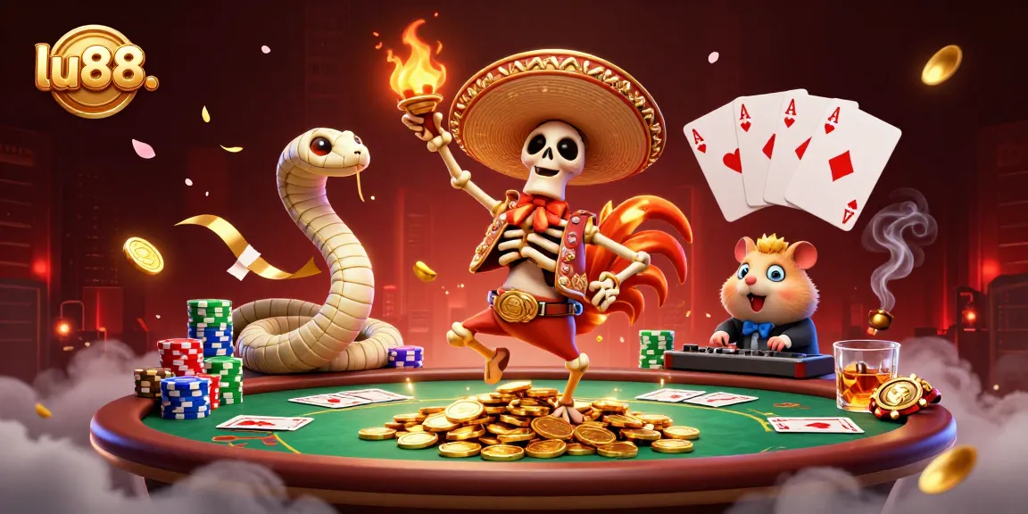Experience thrilling gameplay with lu88. in this lively 3D casino scene featuring colorful poker elements and vibrant characters.