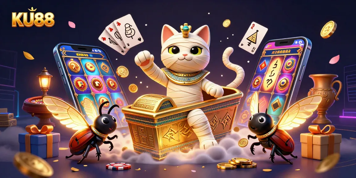 Experience thrilling gameplay with KU88 as Egyptian mummy cat and scarab beetle showcase exciting casino action.