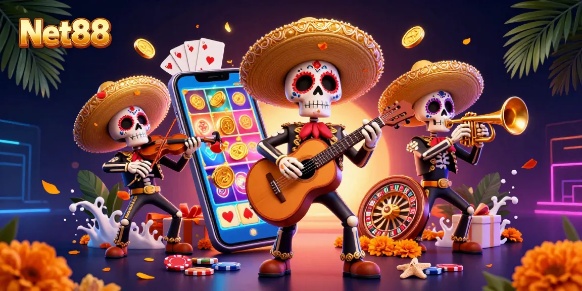 Engage with Net88's vibrant online gaming atmosphere, featuring a colorful mariachi band amidst dynamic casino elements.
