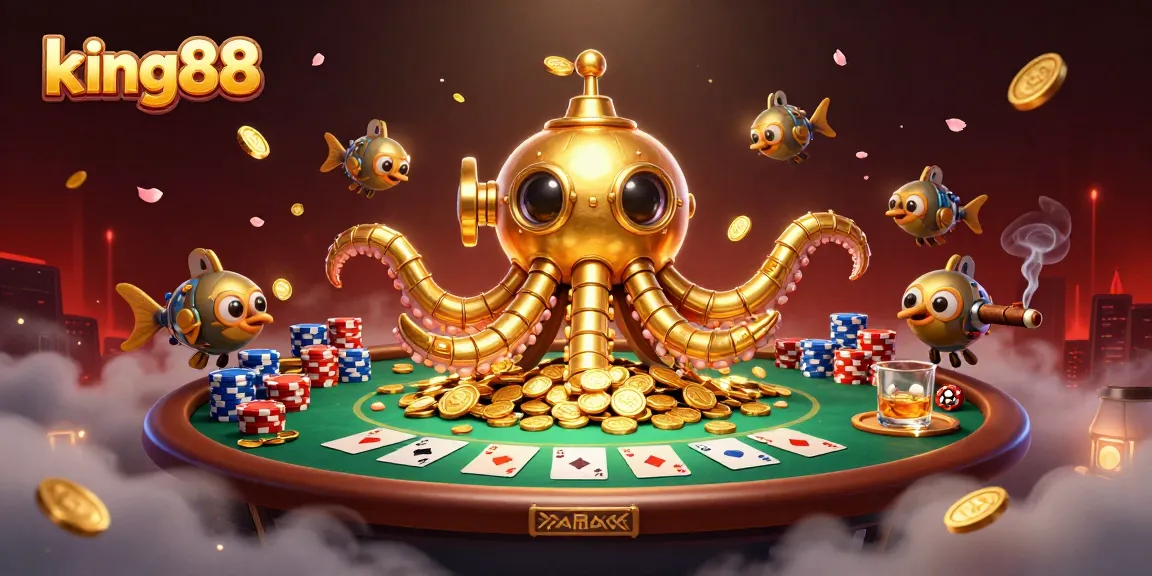 Experience thrilling action at king88 with a vibrant scene of a golden kraken and poker elements.