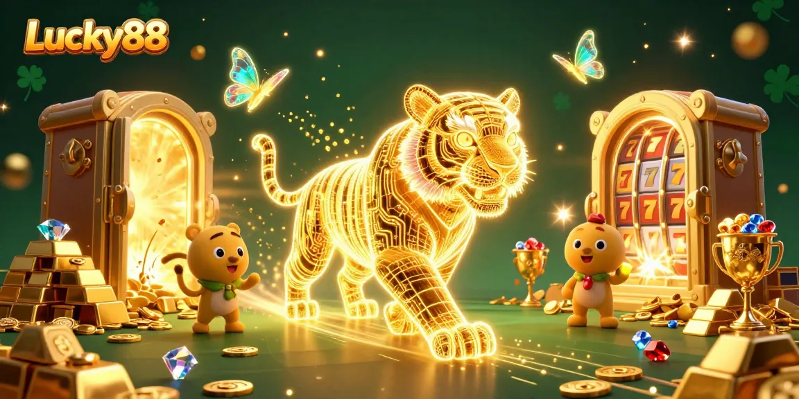 Experience the thrill of Lucky88 with vibrant 3D casino characters and golden treasures in a stunning gaming scene.