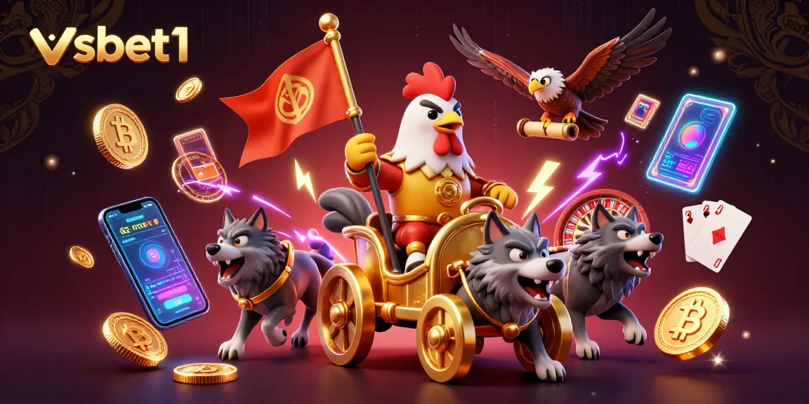 Conquer your wins at vsbet1 with a thrilling casino illustration showcasing digital roulette, vibrant coins, and a dynamic chariot.