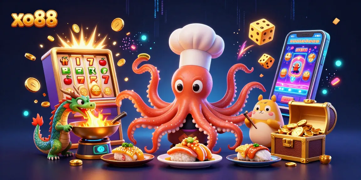 Experience exciting wins at xo88 with a dynamic scene featuring a colorful slot explosion and whimsical characters.